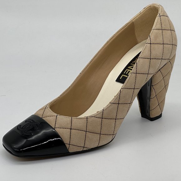 CHANEL 22B Quilted Suede Patent Cap Toe Pumps Heels Shoes - Picture 3 of 14